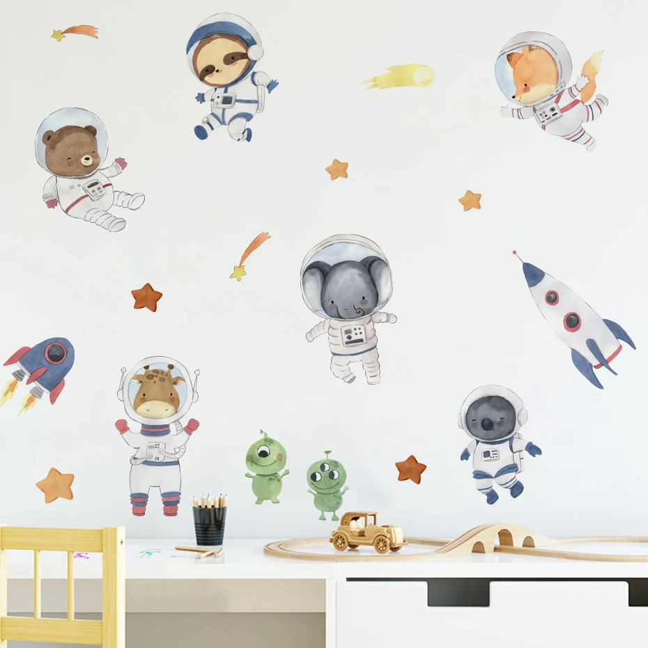 Cartoon Space Animal Astronaut Wall Stickers Rocket Wall Decals Art Murals Children Bedroom Nursery Baby Room Home Decor