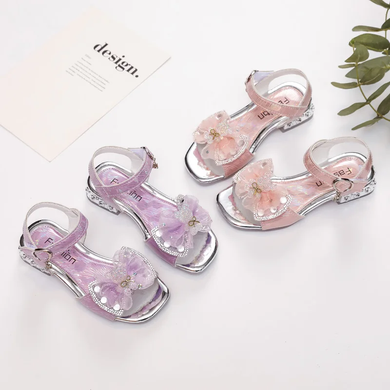 Girls Party Wedding Low Heel Sandals with Crystal Bear