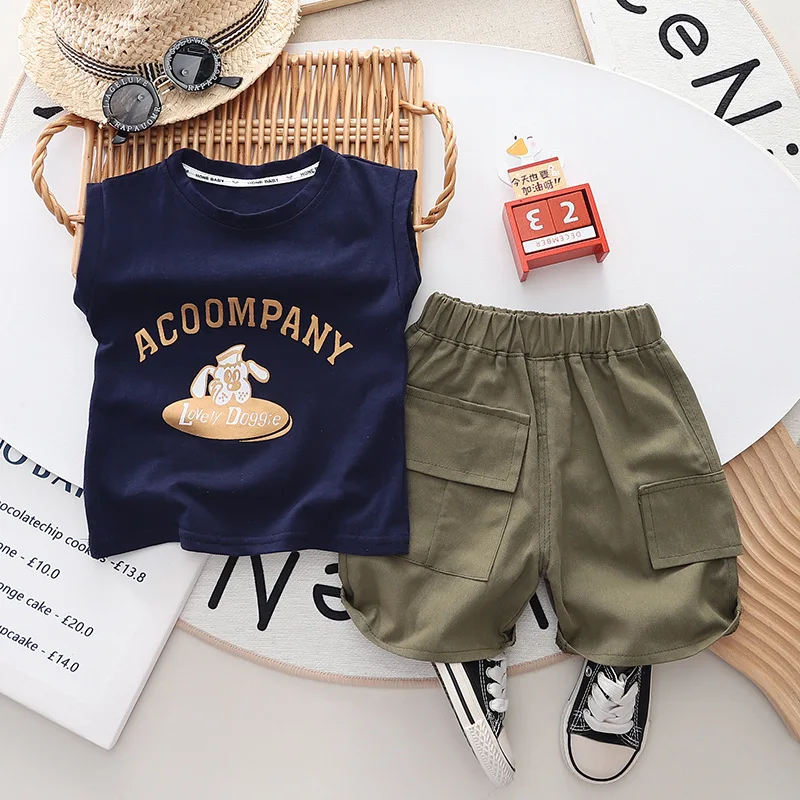 0-5 세 소년 세트 여름 어린이 민소매 탑 캐주얼 반바지 투피스 세트 남성용 베..
