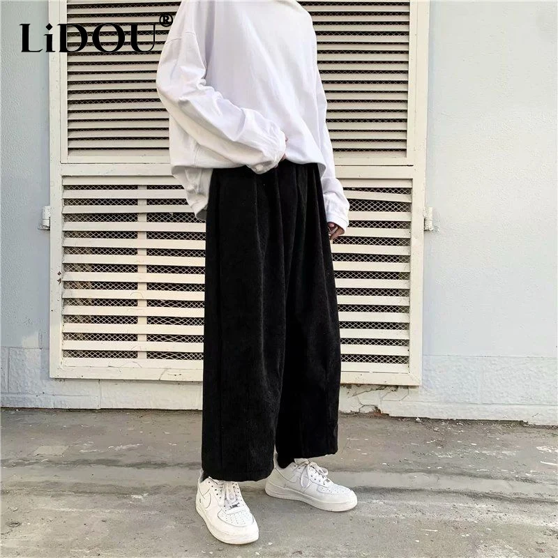

2023 Spring Autumn Corduroy Pants Men's Elastic Waist Solid Color Wide Leg Trousers Man Loose Casual Pocket Straight Pants