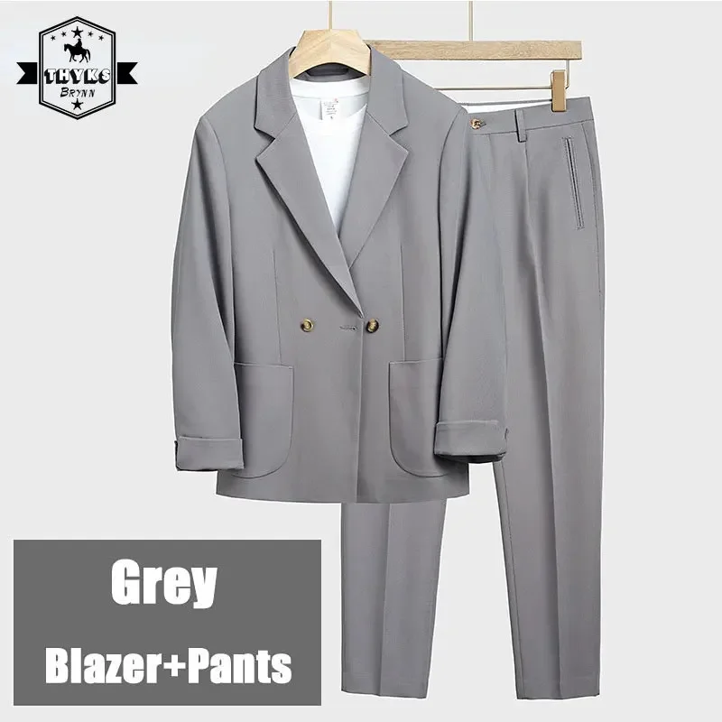 

Solid Color Casual Suit Mens Streetwear Loose Stylish Korean 2 Pieces Sets with Pants Male Spring Harajuku Overcoat & Trousers