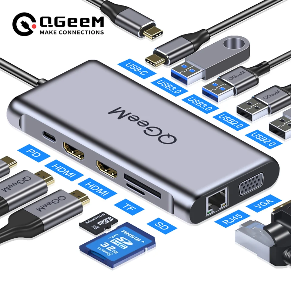 QGeeM Dual HDMI VGA USB Type C Hub for Macbook Pro USB C Hub to 4K
