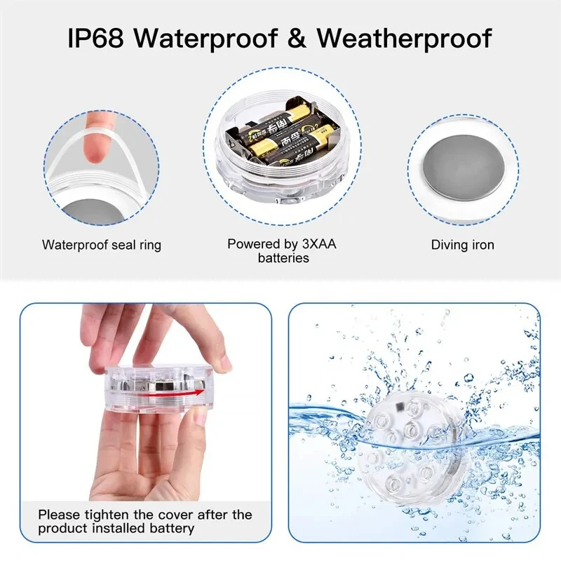 Description Picture 3 of itemLed Underwater Light Ip68 Waterproof Battery Operated Multi Color Submersible Lamp for Fish Tank Swimming Pool Wedding Party