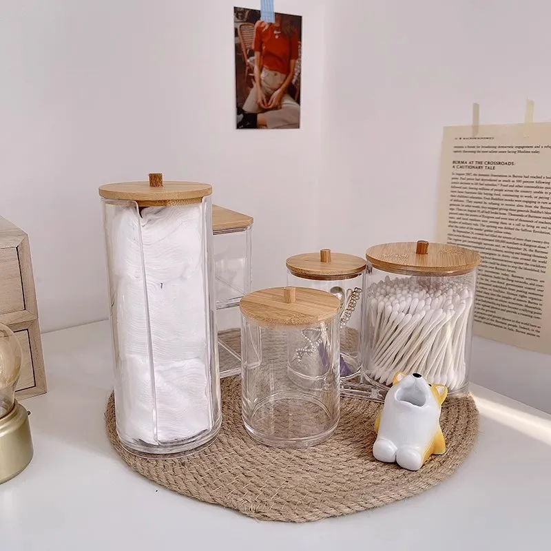 Acrylic storage box bathroom basin makeup organizer circular cotton swab holder QTip dispenser with bamboo cover 2