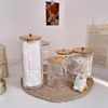 Acrylic storage box bathroom basin makeup organizer circular cotton swab holder QTip dispenser with bamboo cover 2