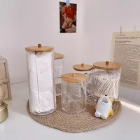 Acrylic storage box bathroom basin makeup organizer circular cotton swab holder QTip dispenser with bamboo cover 2