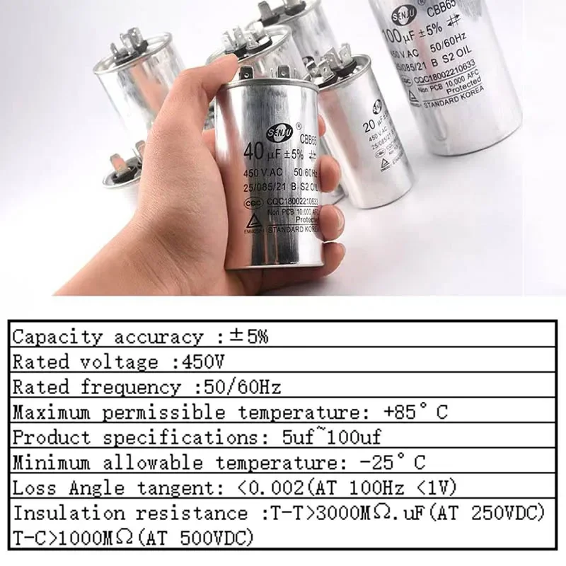 CBB65 Air Conditioner Capacitor 20UF-100UF Compressor Motor Runs Starting Capacitor 450VAC