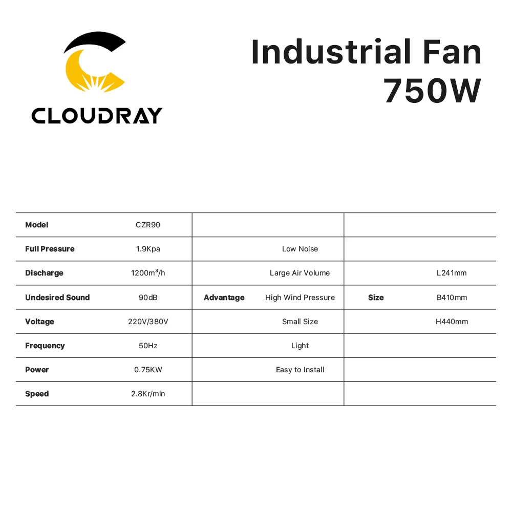 Cloudray CO2 레이저 조각 절단기용 원심 배기 팬, 중압 저소음 송풍기, 220V, 750W