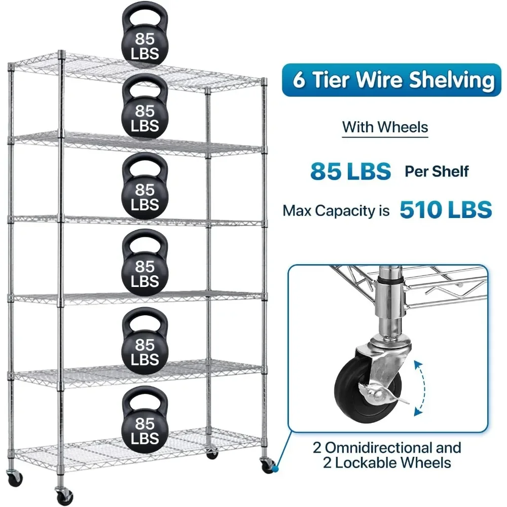 6 Tier Wire Shelving Unit Metal Storage Shelves w/Wheels, 350 Capacity Per Shelf, Heavy Duty Steel Garage Shelf, 48" L X 18" W X 6