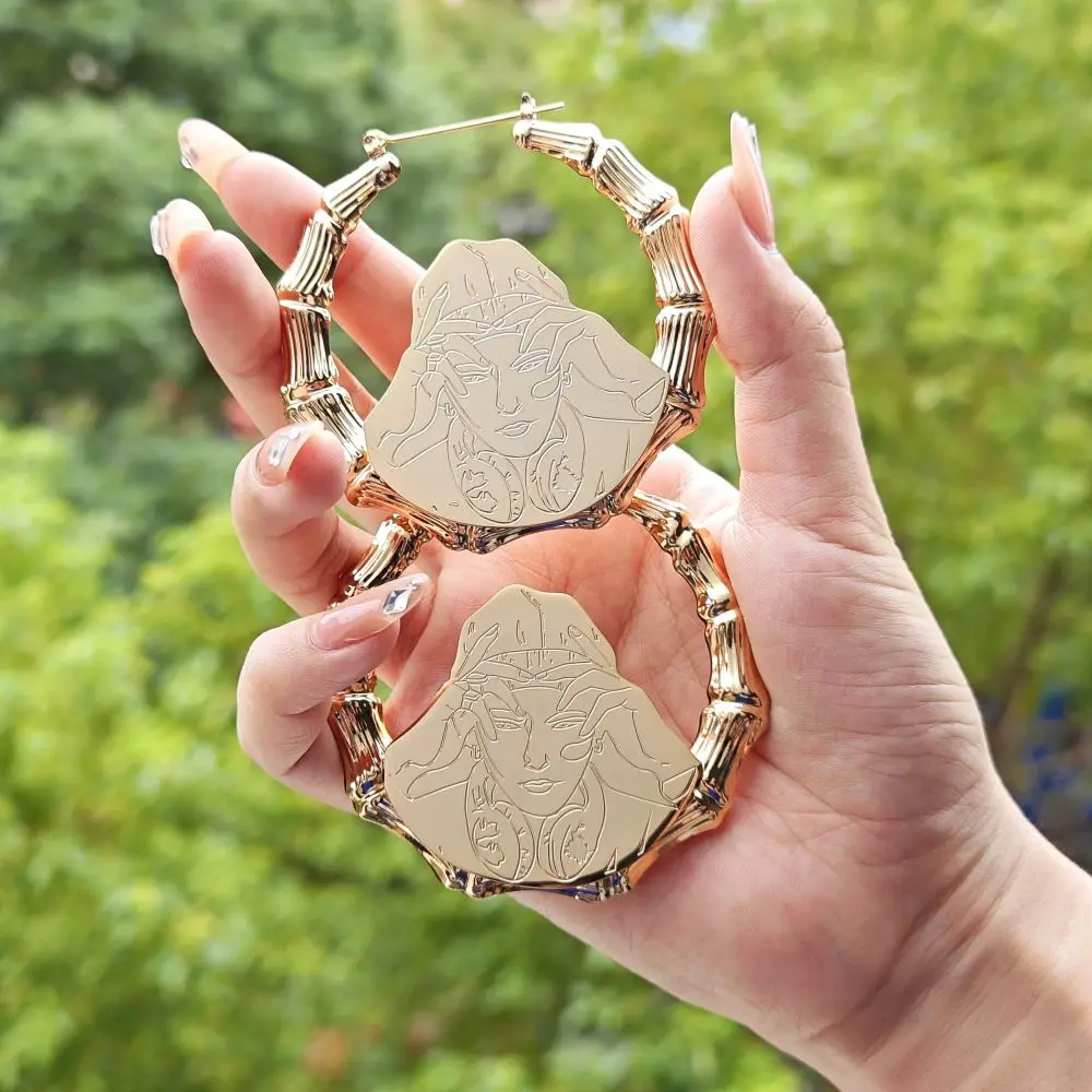 2023 Custom Picture Engraving Abstract Hoop Earring For Women Personalize Photo Gold Bamboo Earring Party Jewelry Gifts