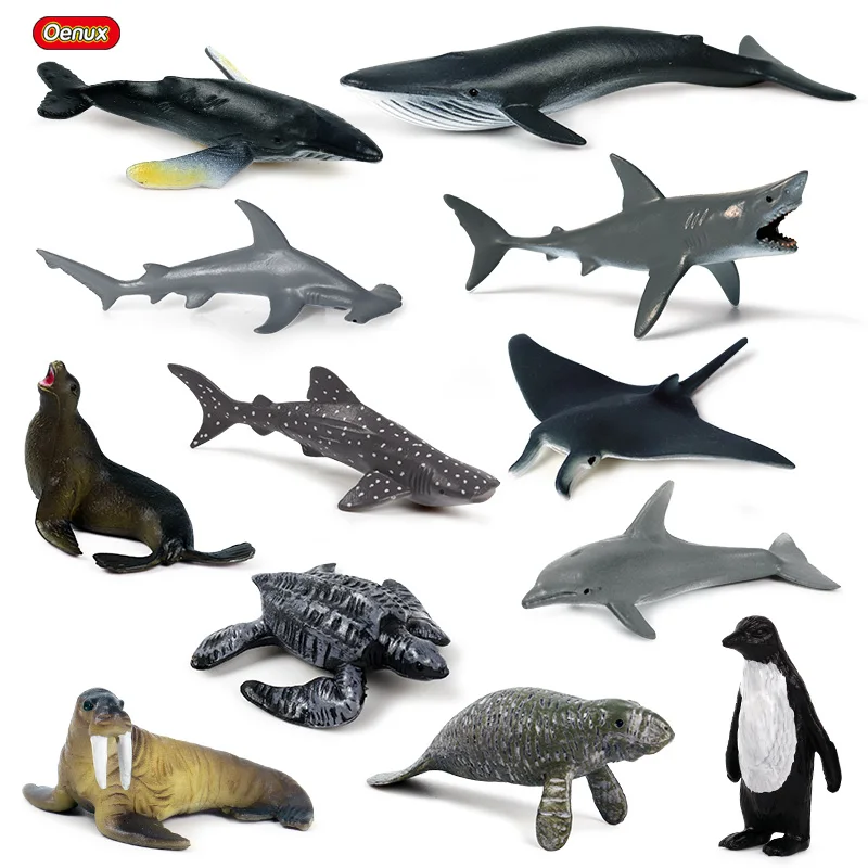 Oenux Mini Ocean Marine Shark Model Classic Sea Life Animal Whale Turtle Action Figures PVC Lovely Educational Toy For Kids Gift