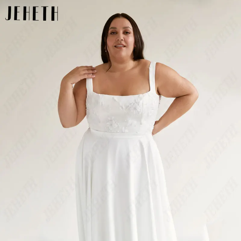 JEHETH Spaghetti Straps Vestidos De Casamento A Linha Plus Size Classic Satin Square Collar Bridal Gowns Apliques White Robe De MariรฉeJEHETH