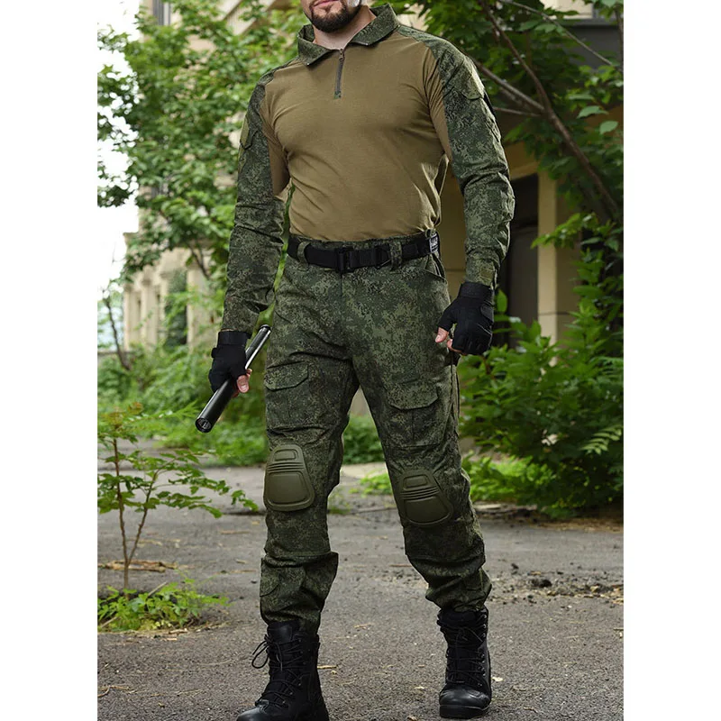 RU Camo Cargo Sets Men Spring Autumn Breathable Long Sleeve T-shirts+Multi-pocket Straight Pants 2 Pcs Suits Combat Tactical Set