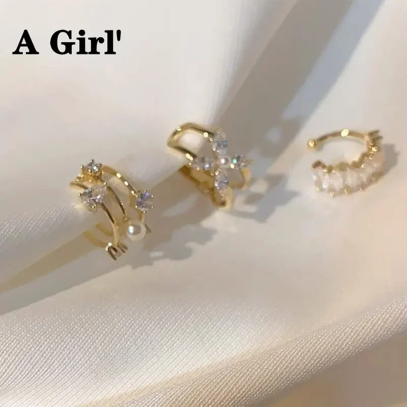 Korean Pearl Zircon Flower Clip Earrings For Women Fake Piercing No Hole Earbone Ear Cuff Trendy Jewelry Gifts ear clip earrings,clip earrings,ear clip