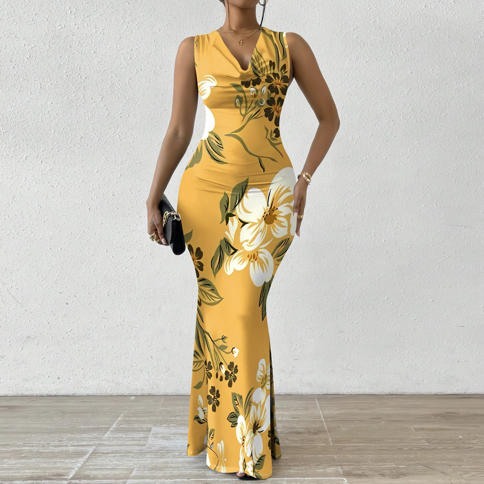 Xuan2Xuan3 Vestido Largo De Verano Para Mujer, Con Estampado Floral, Manga Corta, Cuello En V, Vaporoso, Para Fiesta En La Playa, Bohemio, Largo, Color Amarillo, Amarillo Floral