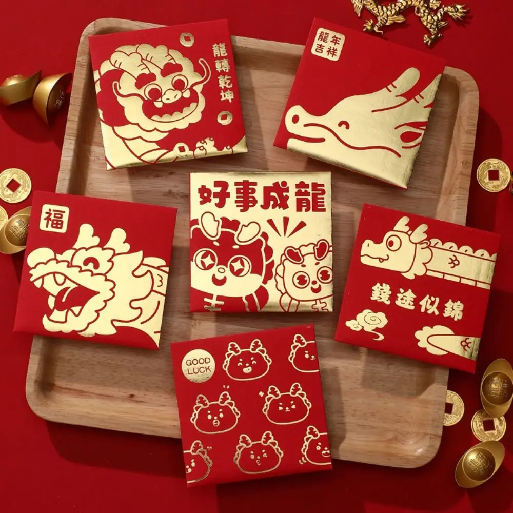 

6 шт., китайский новогодний пакет 2024, красный конверт с рисунком дракона, стандартная сумка HongBao, благословение для праздника Весны