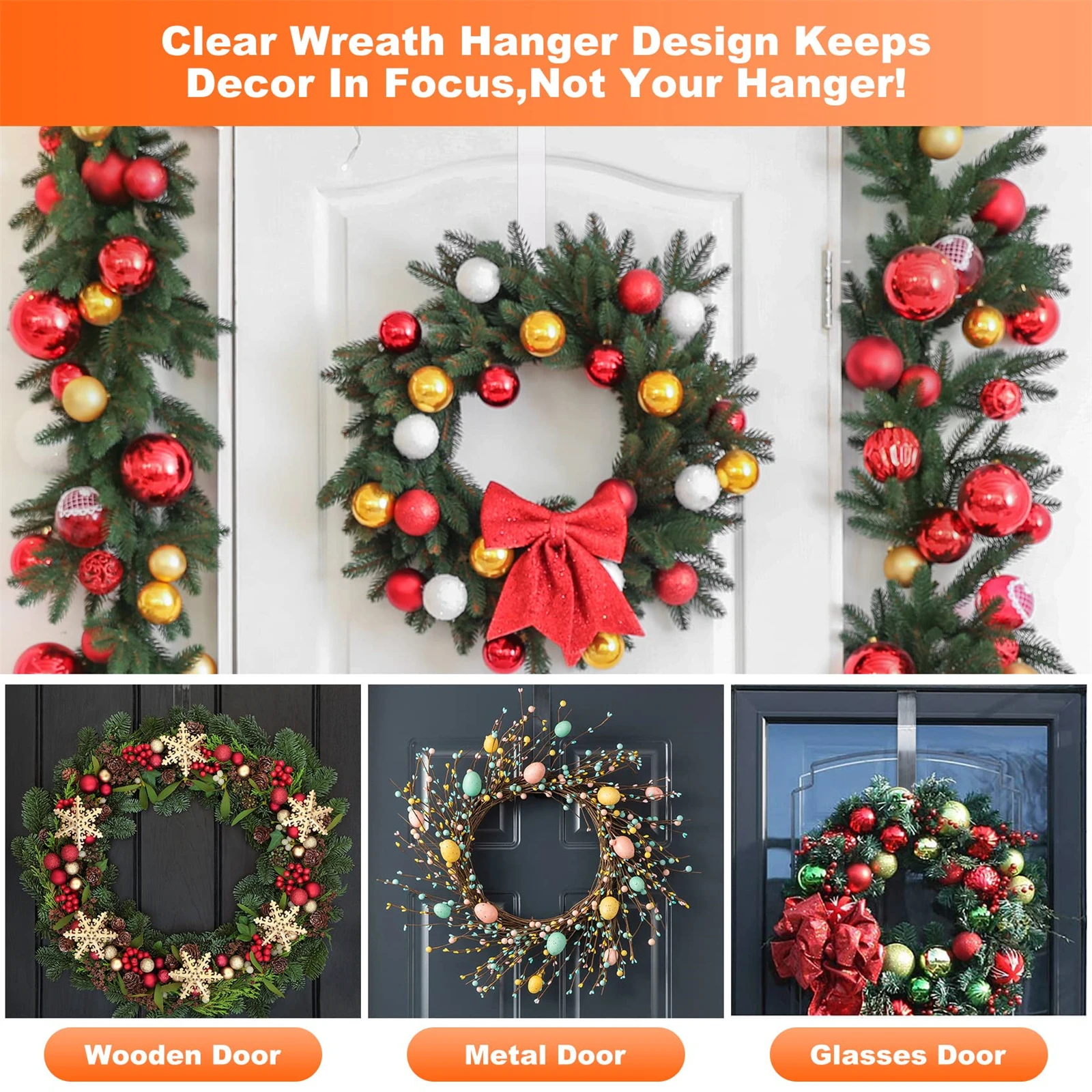 Door Hook 1/2/4Pcs Christmas Clear Wreath Hook Frontdoor Welcome Sign Hangers Navidad Decoration Holder