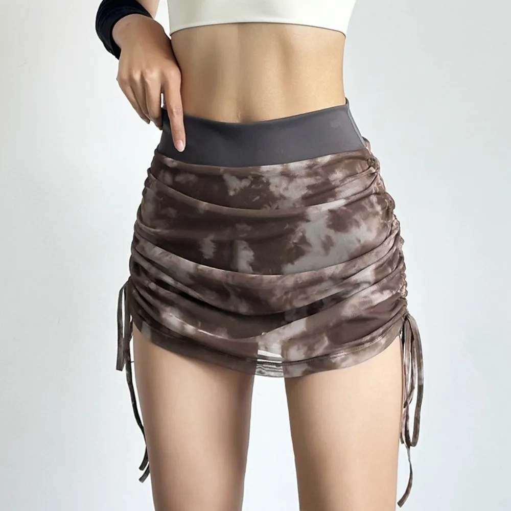 Women's High Waisted Tennis Skirt Thin Mesh Tie Dyed Sports Inner Shorts Side Drawstring Fitness Printed Yoga Golf Skirt