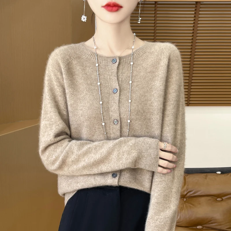 100% Wool Round Neck Cardigan Women's Solid Color Knitted Jacket Autumn And Winter Loose Casual Long Sleeved Sweater DMR D019 5