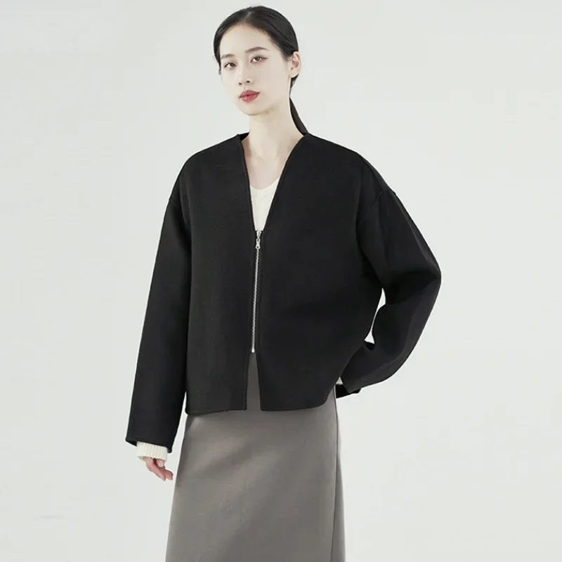 2023 Autumn Winter Zipper Wool Coats Women High-end Woolen Short Tops Solid Collarlesss Handmade Double-sided Cashmere Jackets