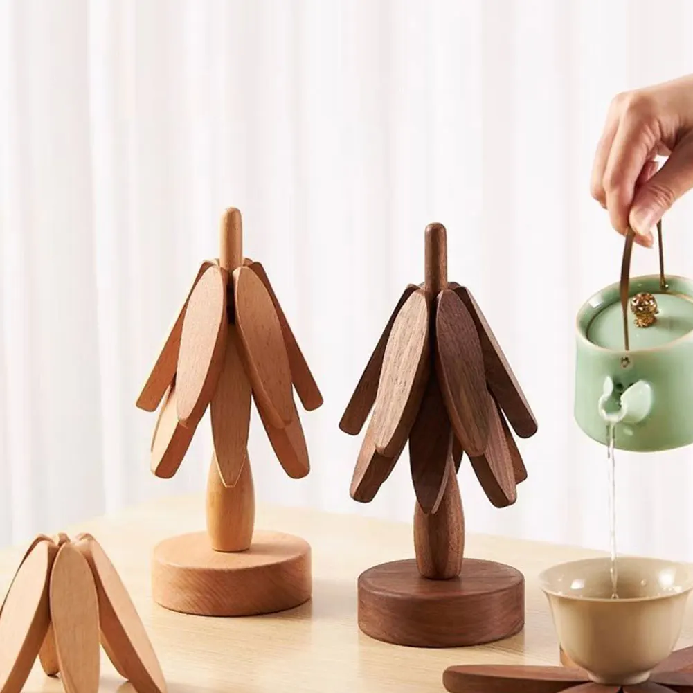 Description Picture 5 of item4Pcs/Set Tree Design Stand Wooden Trivets Non-Slip Decorative Anti Scald Heat Resistant Mat Table Accessory for Teapot Hot Pots