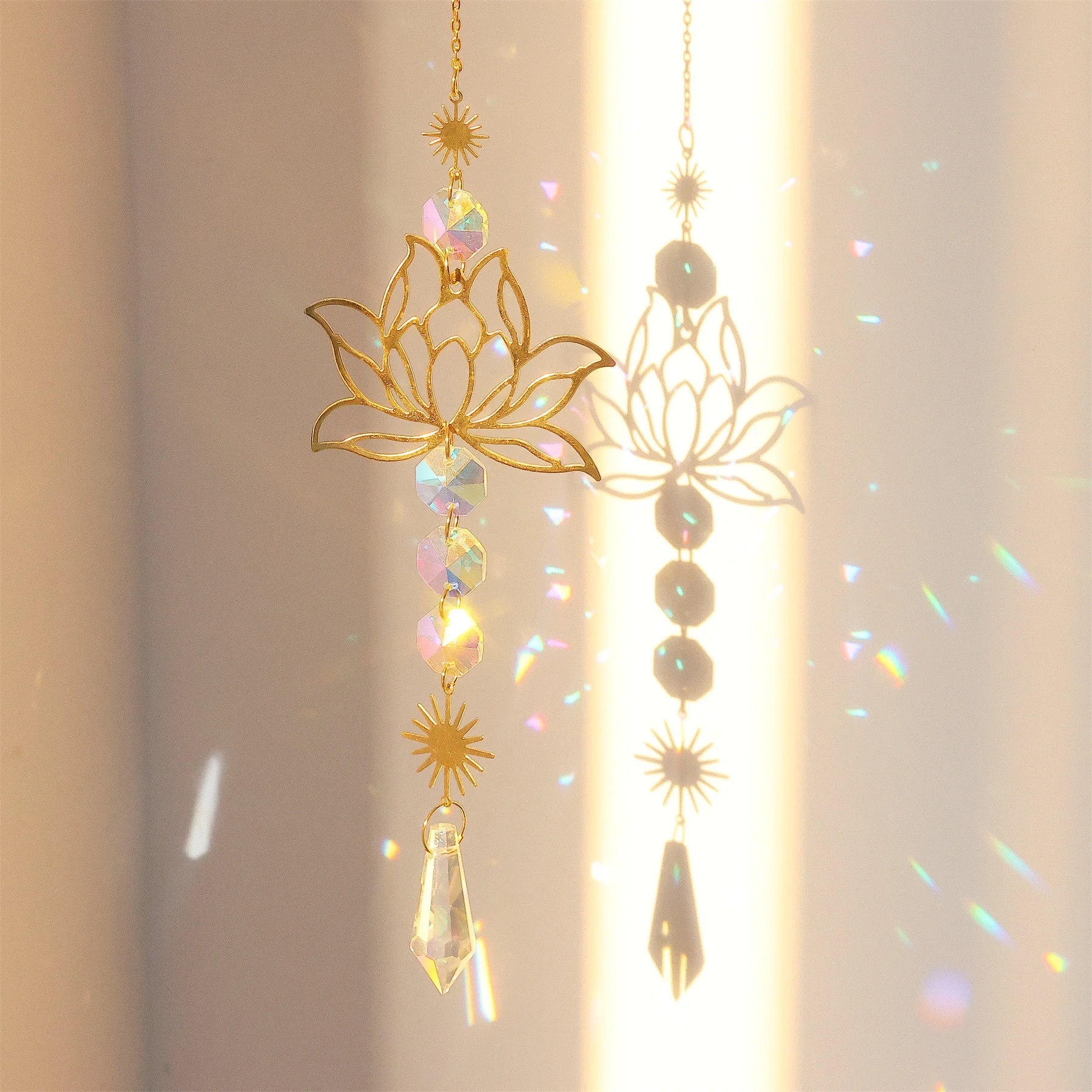 1Pc Suncatcher Gardening Crafts Golden Lotus AB Colorful Water Drop Crystal Decoration Pendant