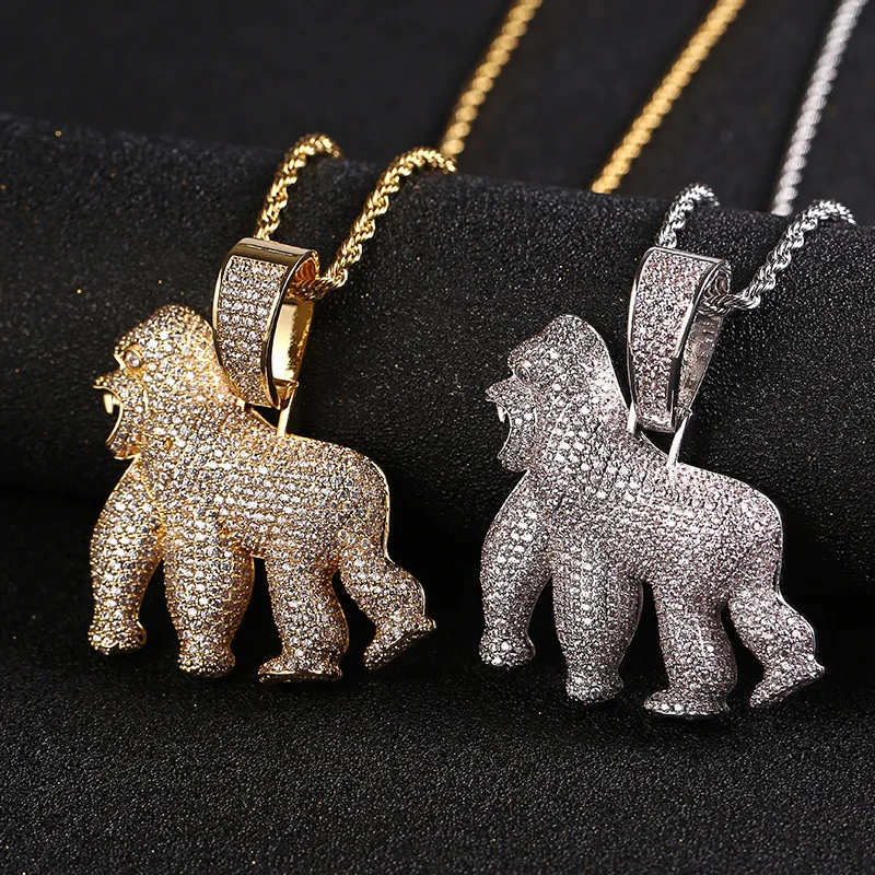 

Hip Hop 3A+ CZ Stone Paved Bling Iced Out Fierce Gorilla Pendants Necklaces for Men Rapper Jewelry Gold Silver Color