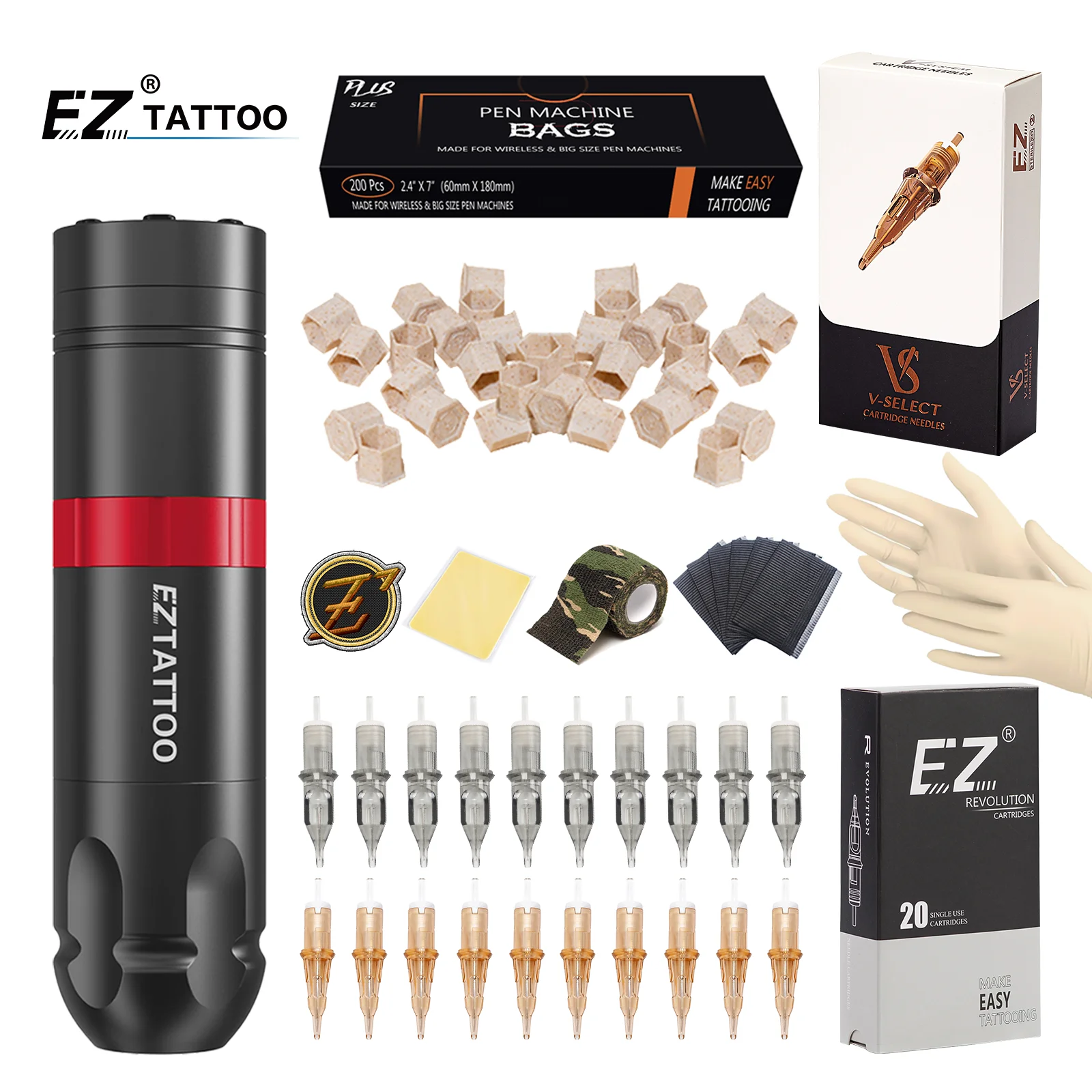 EZ Tattoo Kits Caster Wireless Cartridge Tattoo Machine pen con 40 pezzi EZ Cartridge Tattoo Needles per trucco permanente del tatuaggio