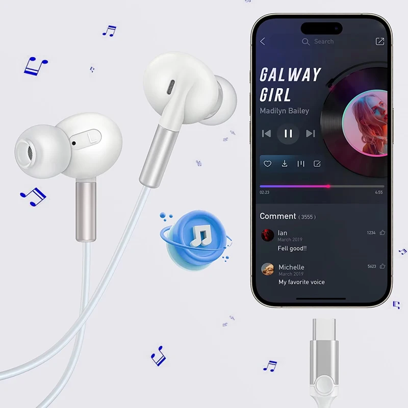 USB C Wired HIFI Stereo Headphones with Microphone and DAC Noise Cancelling Technology