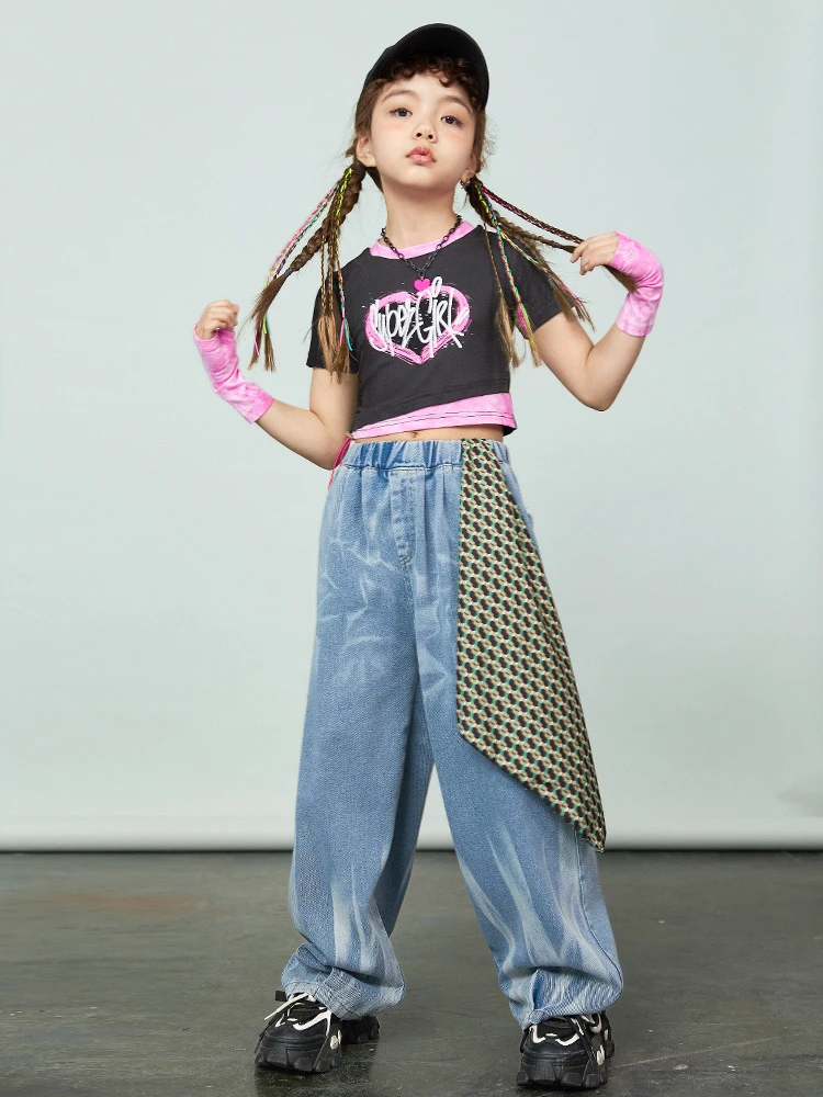 

2023 Children Jazz Dance Outfit Festival Dancewear Crop Tops Jeans Girls HipHop Dancing Clothes Streetwear Kpop Clothing DL10428