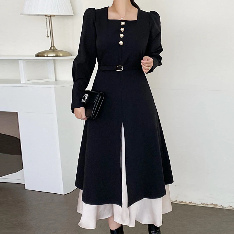 

Женское винтажное вечернее платье вечерние элегантное праздничное платье-трапеция с квадратным вырезом и высокой талией, платье с длинным рукавом, весна-осень 2022