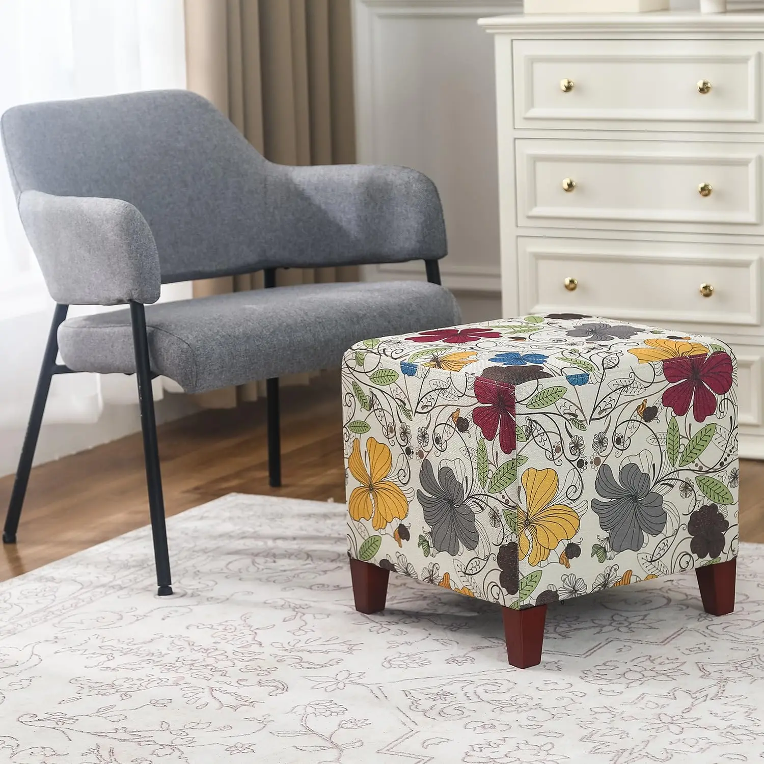 Small Foot Stool Ottoman, 16.3" Linen Cube Ottoman Foot Rest with Wood Legs, Upholstered Ottomans Footstool