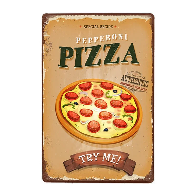 Vintage Tin Pizza Sign - Retro Metal Wall Art for Dining Room or Restaurant Decor