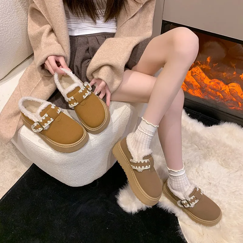 Women's Thick Bottomed Fleece Lined Winter Boots Full Covered Retro Style Comfortable Cotton Shoes Women's Flat Heel Snow Boots