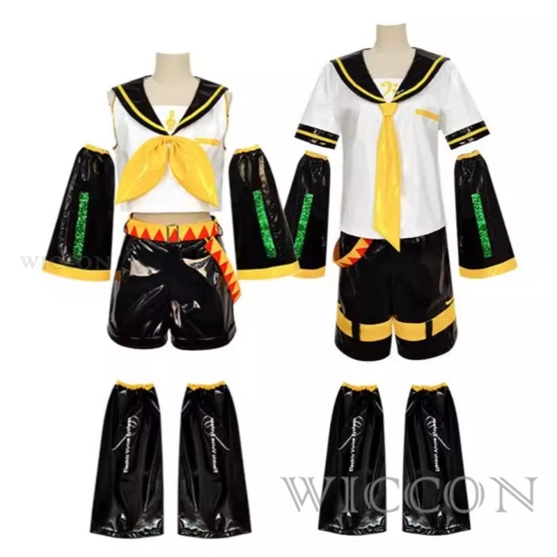 

Anime Patent Leather Riin Lenn Cosplay Costumes Brother Sister Uniform Halloween Party Yellow Wigs Christmas Comic Con Outfits