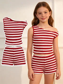 Completo a 2 pezzi a righe per bambine, top corto in maglia asimmetrico monospalla e set di pantaloncini abbinati con elastico in vita