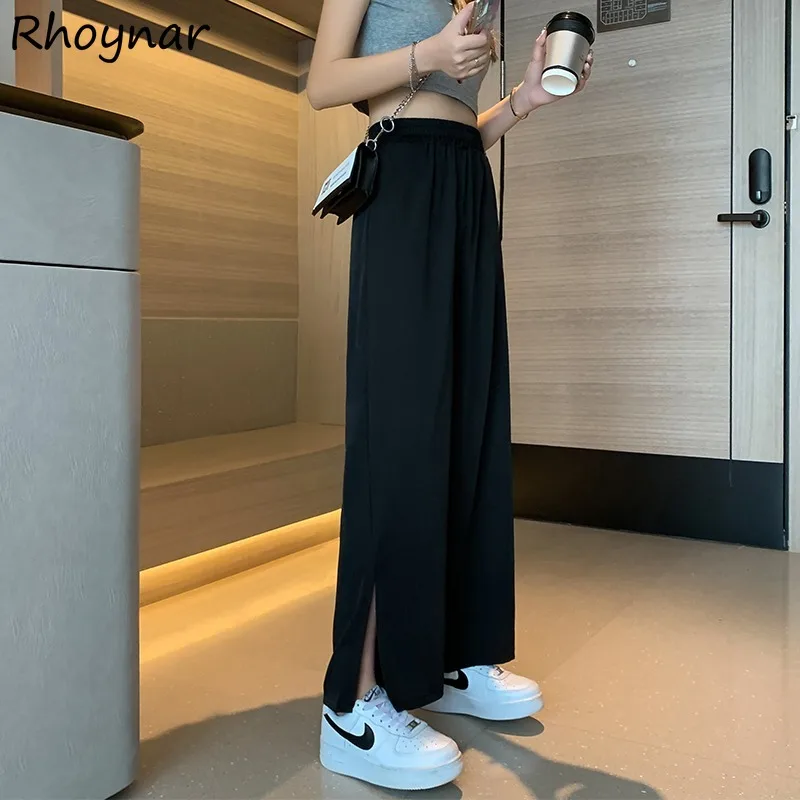 

Solid Pants Women Summer Girls Side-slit Simple All-match Loose Leisure Korean Style Drape Mopping Trendy Slender Soft Daily