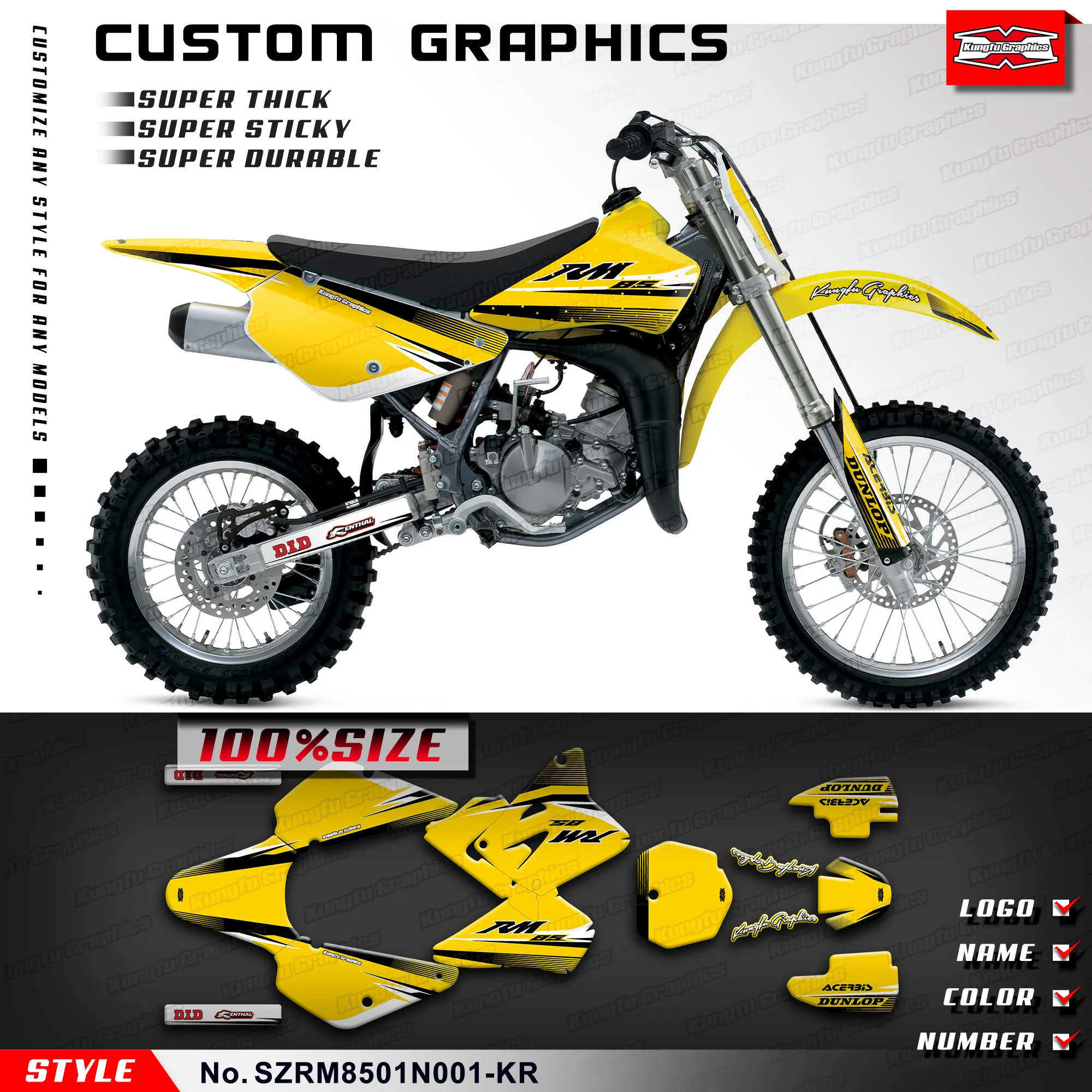

KUNGFU, графические Наклейки на велосипед-внедорожник, виниловые наклейки, комплект для Suzuki RM 85 2001-2024, SZRM8501N001-KR