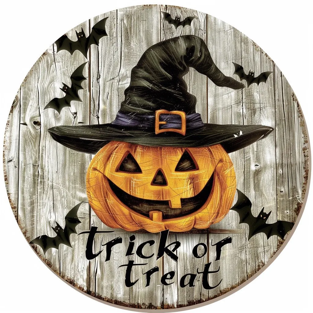 1 x 2D-Halloween-Party-Thema, Holzschild, Dekoration für Zuhause, Tür/Wandbehang – Kürbis-Hexe-Fledermaus-Designs, Dekorationen – Detail 3