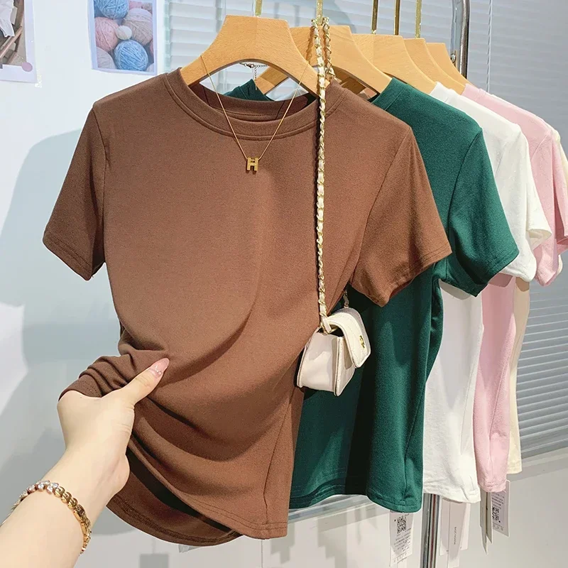 2026 New Women's 100% Cotton T-shirt Bottoming Basic Solid Lady Short Sleeve Tops Shirts Summer T Shirt 5