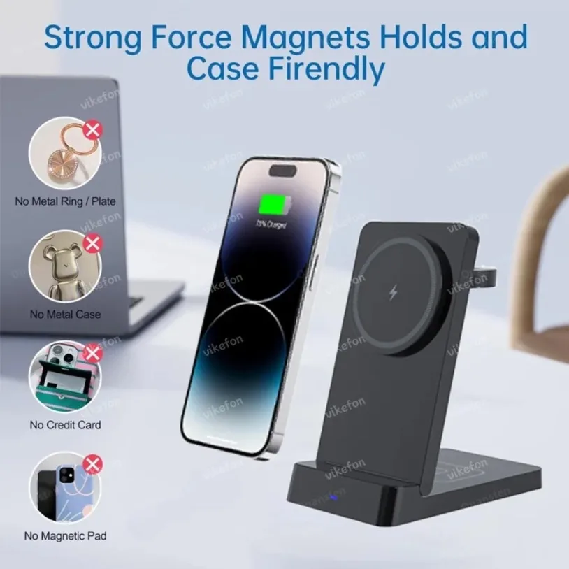 3 in 1 Magnetic Wireless Charger Desktop Phone Stand For Magsafe iPhone 16-12 Apple Watch 8 7 Airpods Pro Samsung Fast Charging