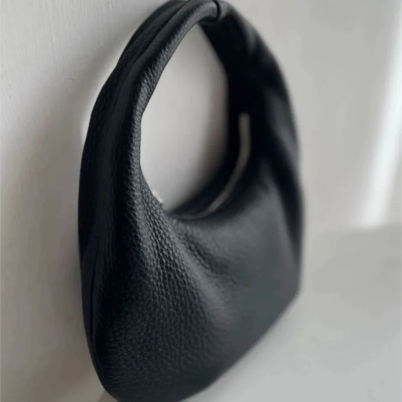 Retro Black Pebbled Texture Handbag Women Soft Leather Foldable Exquisite Purse Ladies Minimalist Fashion Versatile Crescent Bag