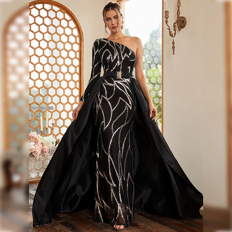2023 New Contrast Sequins One Shoulder Mermaid Bottom Formal Dress With Skirt Floor Sweeping Party Dress Lace Up Tight Elastic