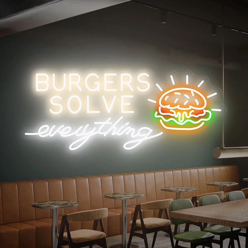 

Burger Solves Everything Neon Sign Bakery Decor Signs Wall Decor Custom Business Logo Restaurant Kitchen Decoration Night Light
