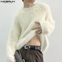 INCERUN Men Pullovers Solid Color Plush O-neck Long Sleeve Casual Men Clothing Streetwear 2025 Fashion Autumn Sweaters S-5XL