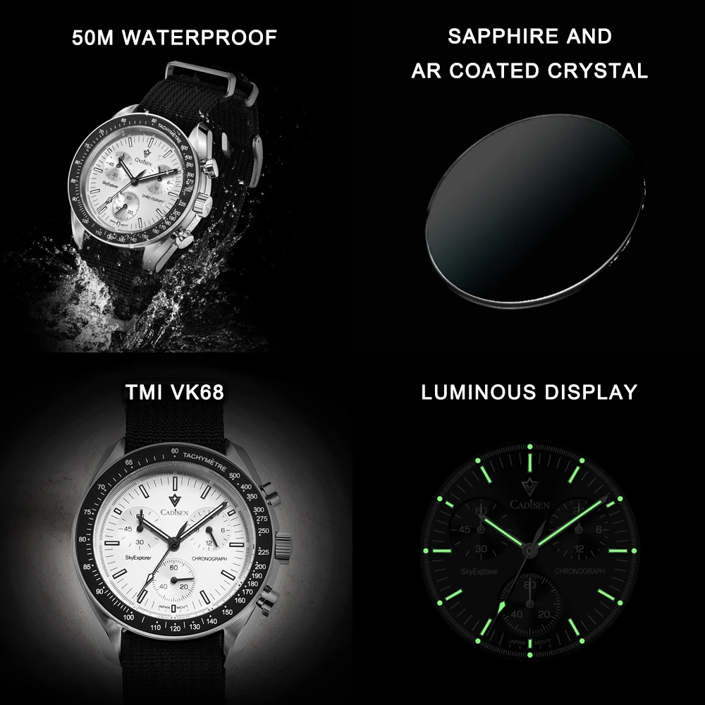 CADISEN Men's Luxury Quartz Watch – Sapphire Crystal, VK68 Chronograph, Automatic, Canvas Strap 6