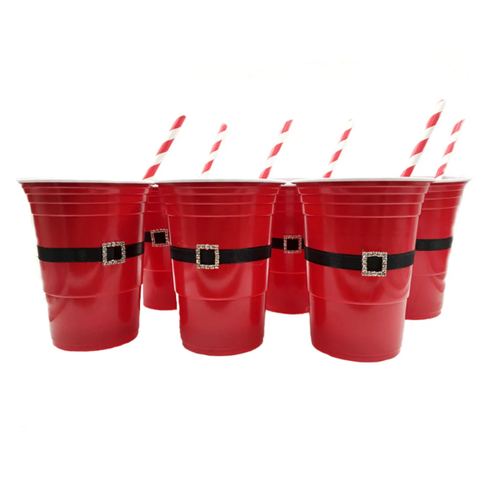 12pcs Christmas Plastic Cups Santa Belt Pattern Home Beverage Drinking Cup Holiday Party Tableware and Party Supplies (Cups and