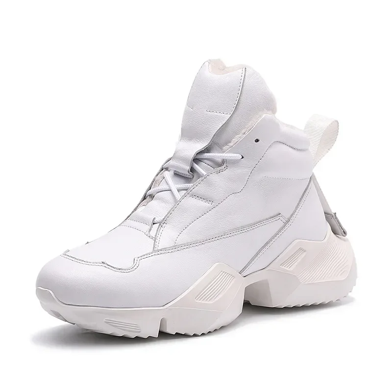 Thick Sole Cowhide Men's Sneakers Casual Personality Fashion Platform Leather Men's Shoes Black  Winter Plush Warm Snow Boots 4