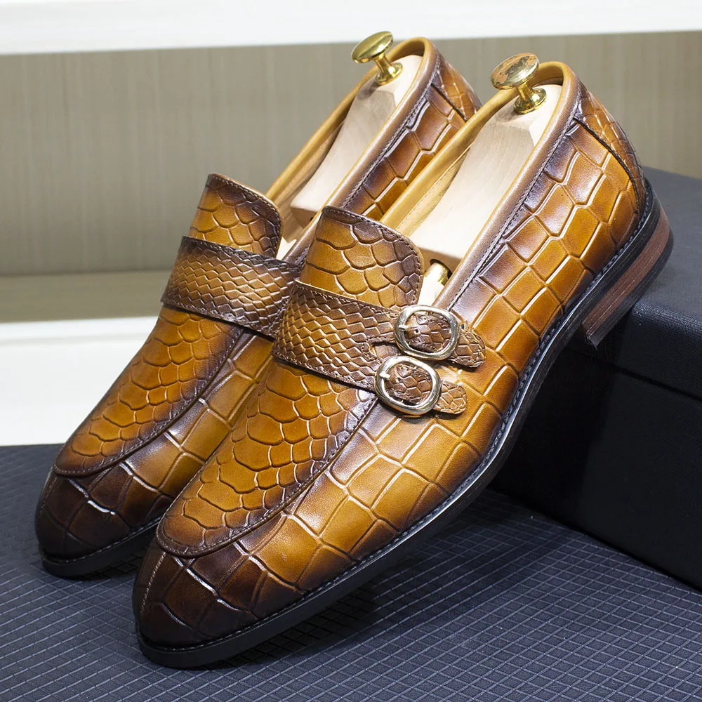 

Luxury Mens Loafers Genuine Leather Male Slip-On Wedding Party Formal Shoes Double Buckle Crocodile Print Dress Shoes for Men
