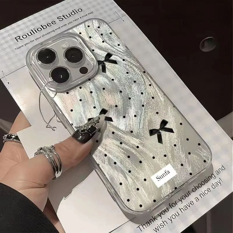 Black Polka Dot Bow Phone Case - Y2K-Inspired Hard Cover